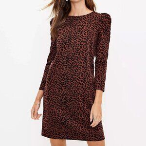 LOFT Leopard Print Ruched Sleeve Shift Dress